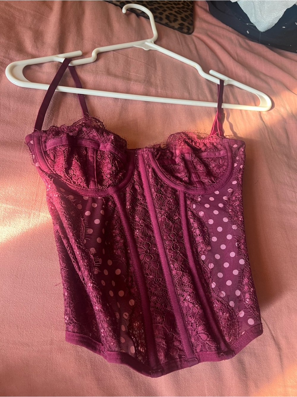 Urban Outfitters Burgundy Lace Polka Dot Bustier Top